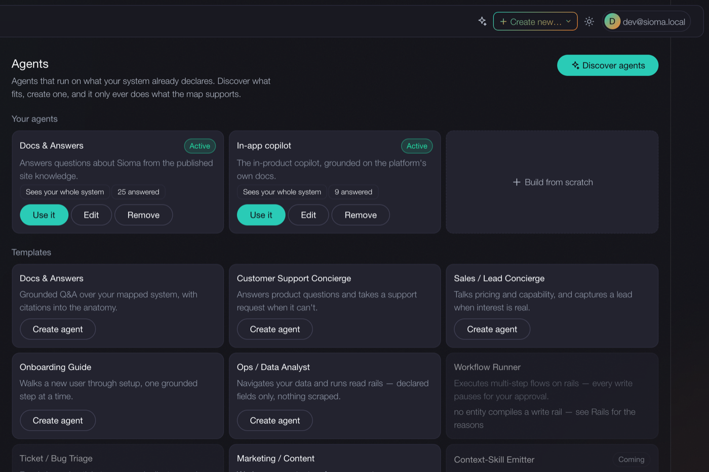 The Agents page: templates you create from, and the agents you already have