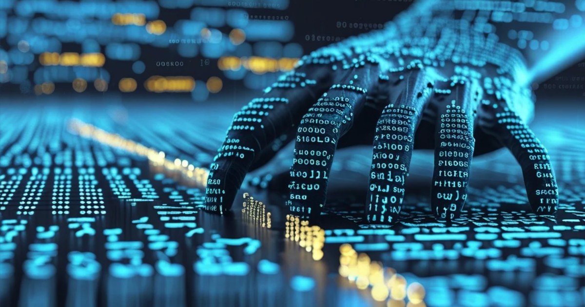 A hand made of glowing blue code reaching down onto a keyboard of light.